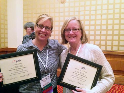 Rachel Rauch and Kim McCarthy show off their CJE plaques at the JEA/NSPA convention in Washington, D.C. They met at the Reynolds High School Journalism Institute and continue support and encourage each other. McCarthy urged Rauch to teach a session on infographics at the convention and attended Rauch’s session on creating multiple publications with one staff. Rauch is a former mentee; her mentor was Linda Barrington. 