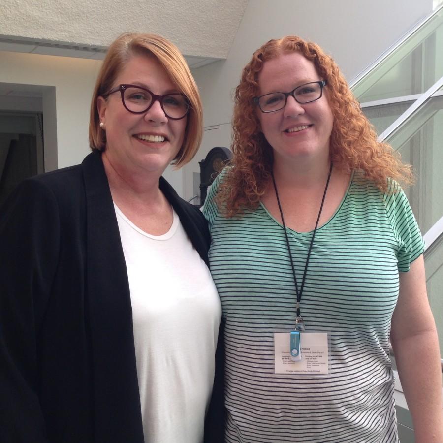 ASNE Executive Director Teri Hayt, right, congratulates Kim Pekala on her First Amendment Challenge win while Pekala attends the Reynolds High School Journalism Institute at the University of Missouri in July.